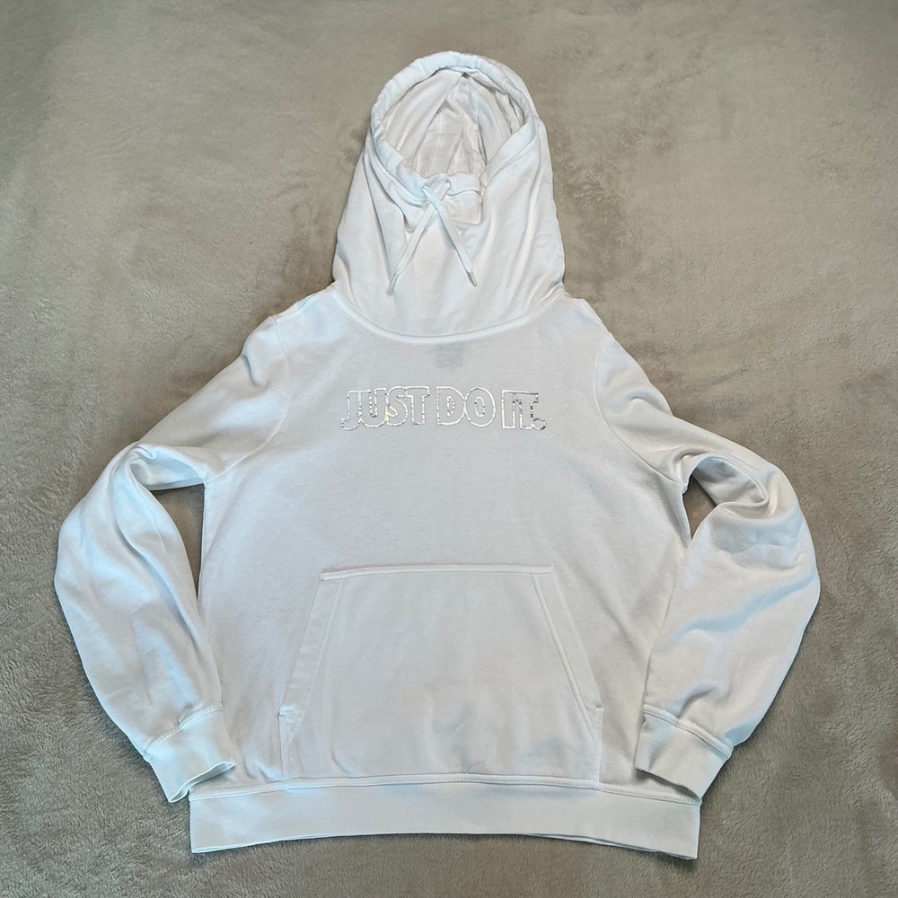 Nike Womens Scuba Neck Pullover Sweatshirt Just Do It Metallic Logo White Medium